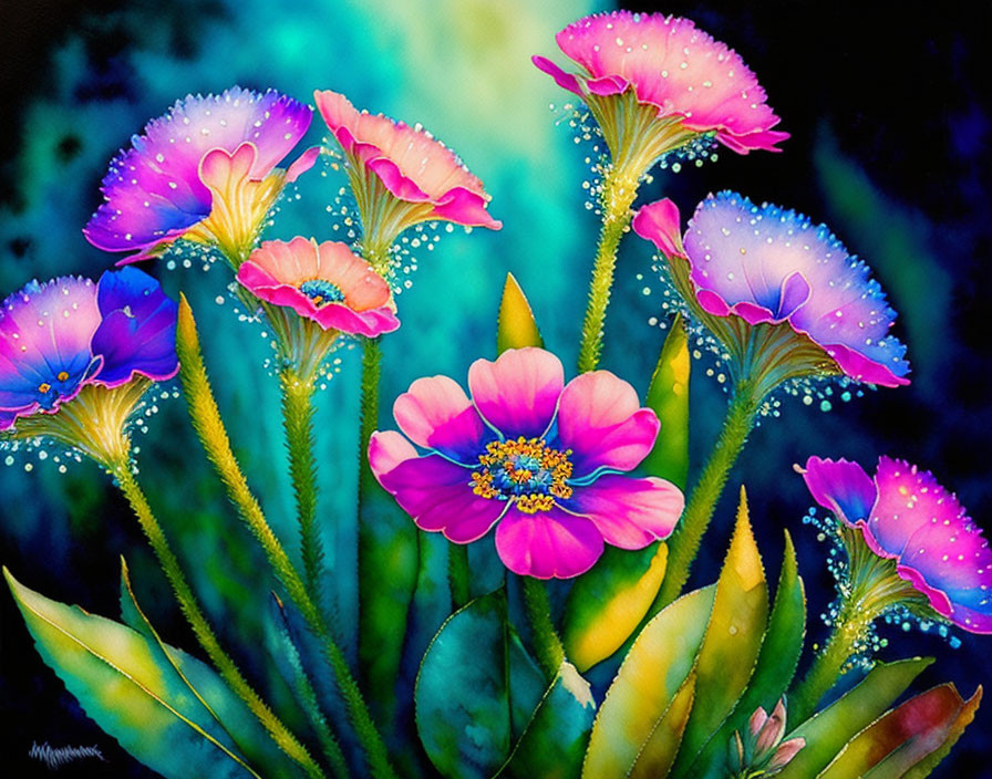 Colorful flowers with dewdrops on dark background in pink, blue, and purple.