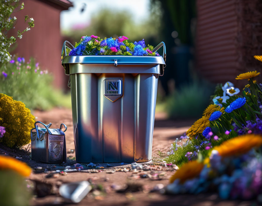 Shiny Metal Trash Bin with Vibrant Flowers in Garden Setting