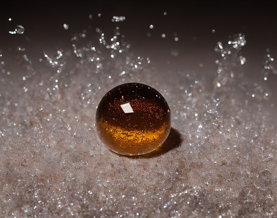 Amber-colored sphere with bubbles on glittering surface surrounded by suspended droplets