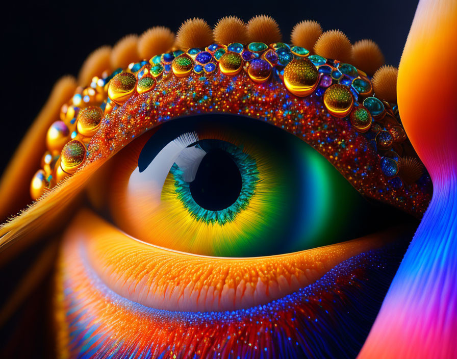 Colorful rainbow eye with water droplets on lashes against dark backdrop