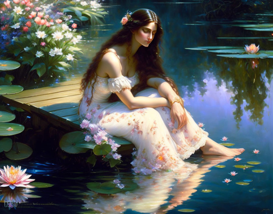 Woman in floral dress sitting on pond dock surrounded by flowers