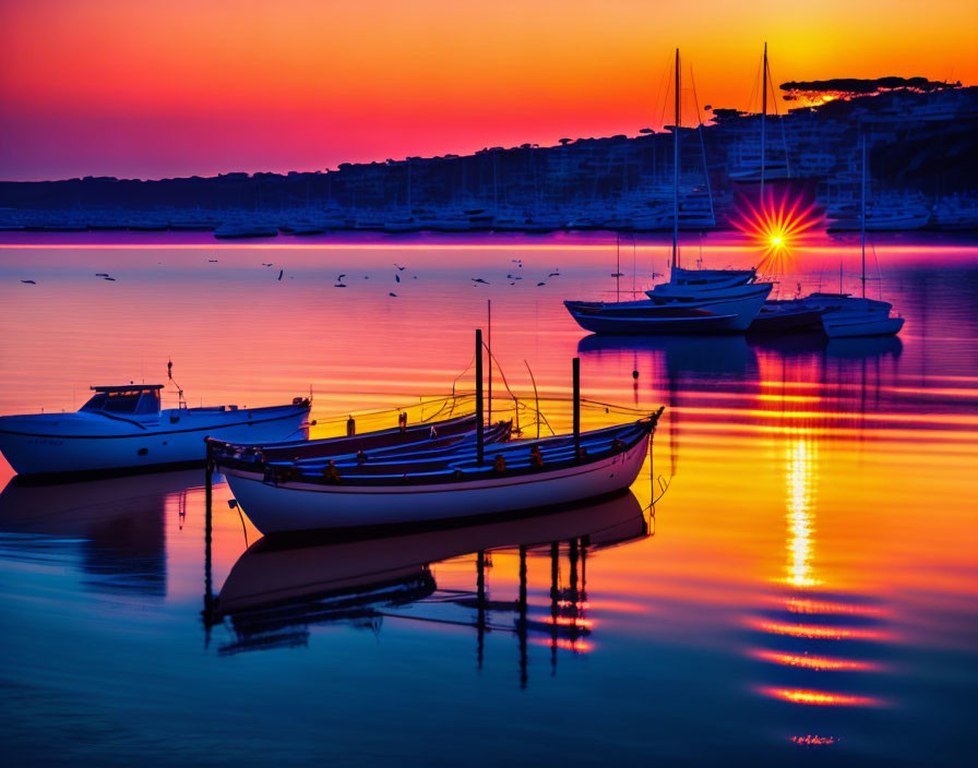 Sunset Boats Reflect Vibrant Sky in Coastal Town