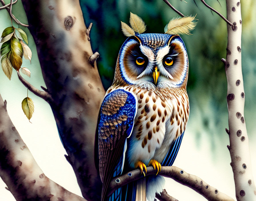 Vibrant owl illustration with intricate feather patterns on branch background