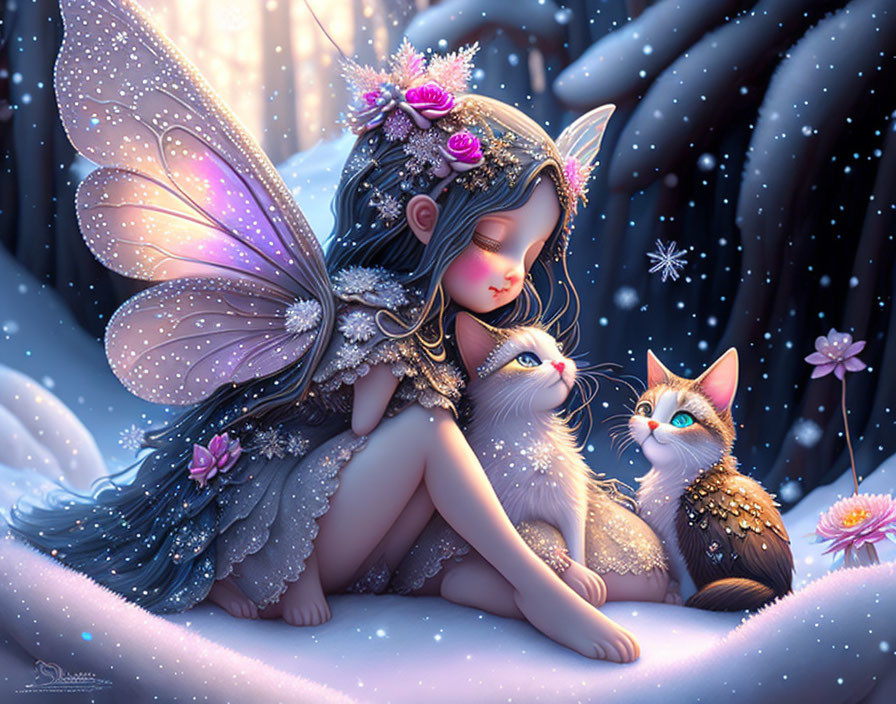 Whimsical fairy with cats in snowy scene