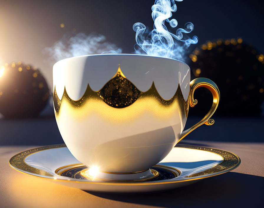 Elegant White and Gold Cup with Steam on Dark Background