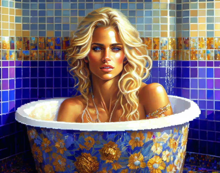 Blonde Woman in Bathtub with Flower Patterns and Blue Mosaic Tiles