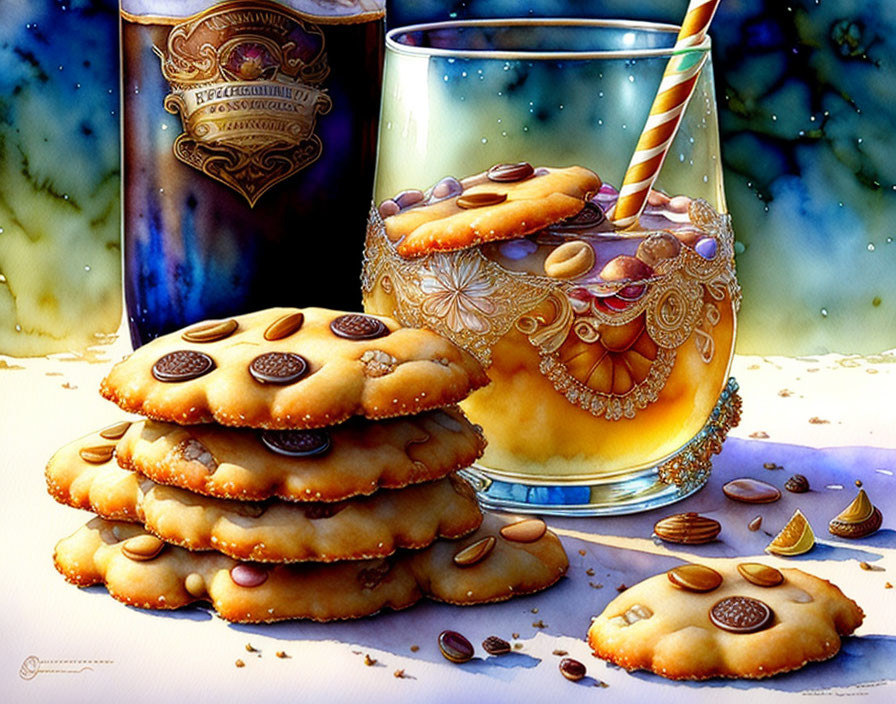 Colorful still life with glass, cookies, coffee beans, and lemon slices