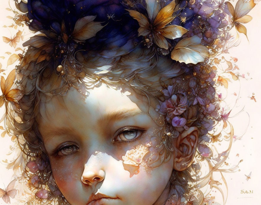 Close-up Illustration of Child's Face with Blue and Purple Flower Wreath