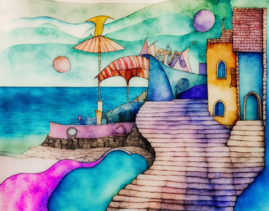 Colorful Coastal Scene Watercolor Illustration