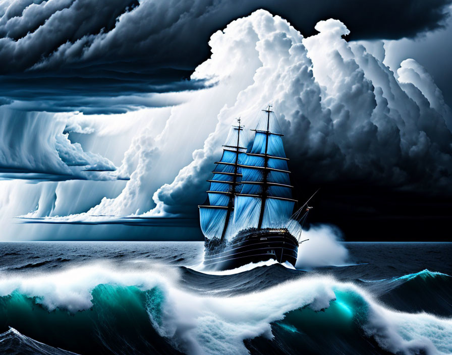 Majestic sailing ship on tumultuous dark blue waves under dramatic sky