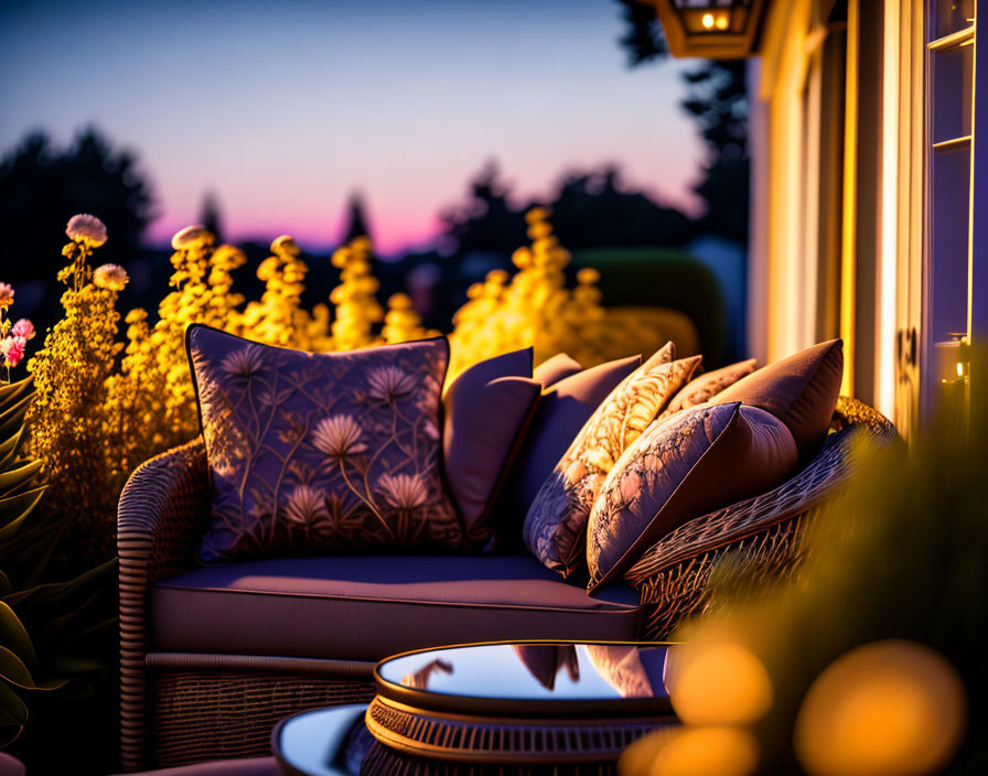 Plush cushioned wicker sofa in a sunset outdoor setting