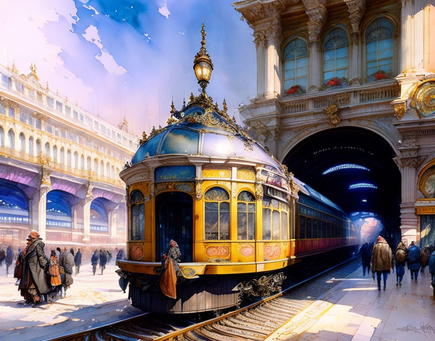 Vintage tram at bustling station with elegant architecture and passengers under sunlit sky