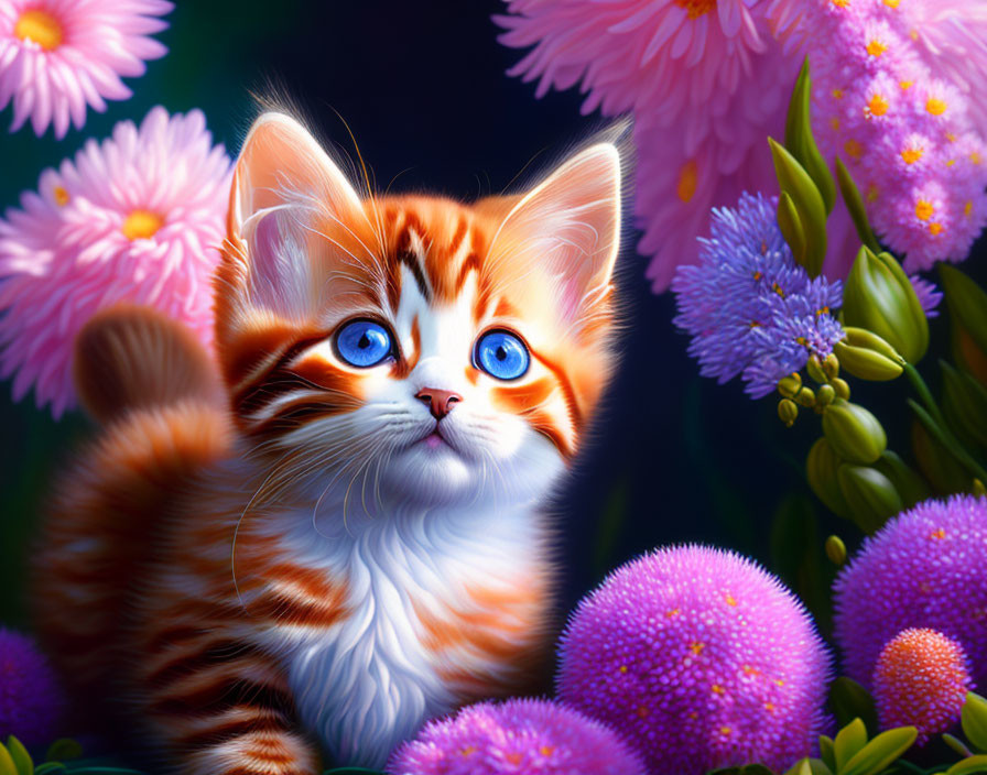 Orange and White Striped Kitten with Blue Eyes Surrounded by Pink and Purple Flowers