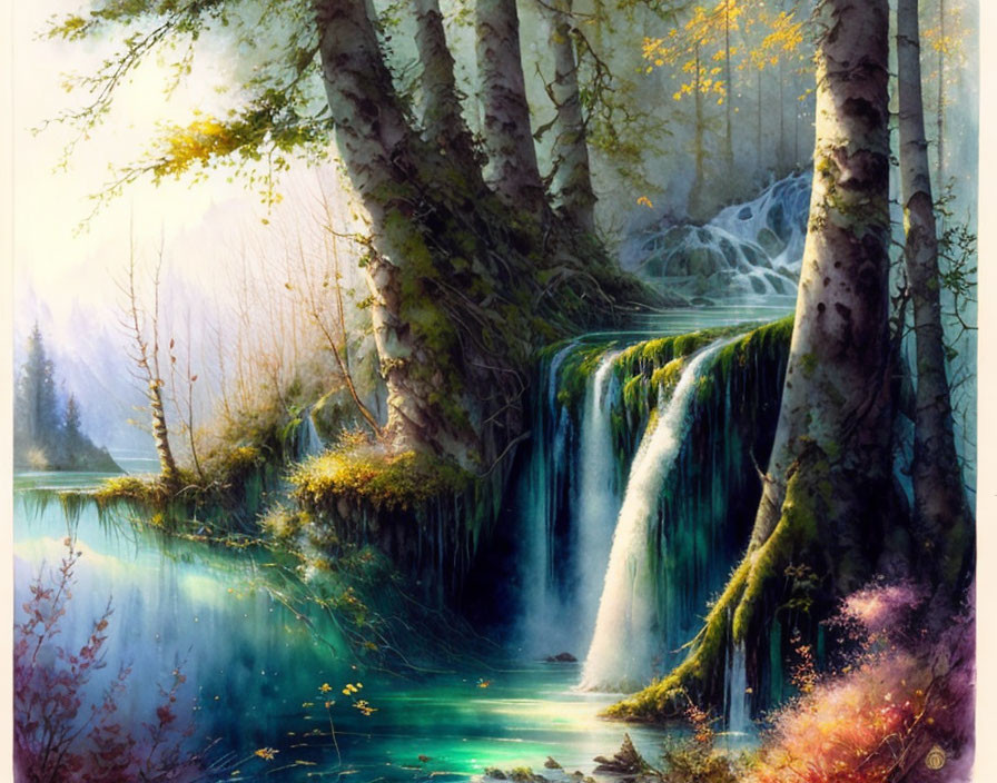Tranquil forest scene with waterfall, birch trees, and sunlight.
