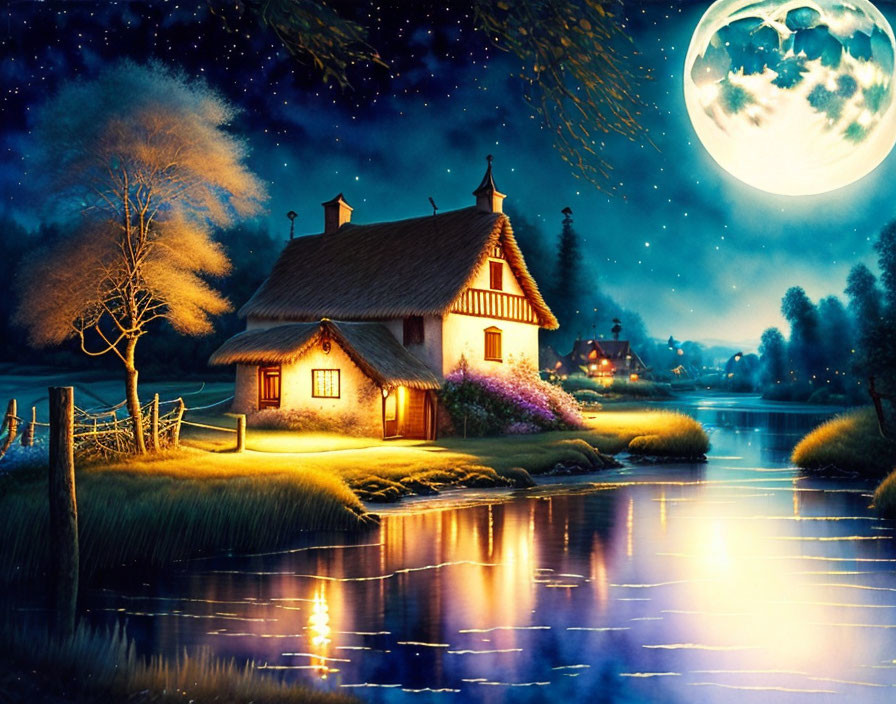 Starry night with thatched cottage by river and full moon