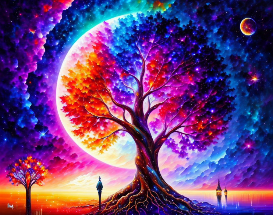 Colorful Cosmic Landscape with Tree and Figure Beneath Moon