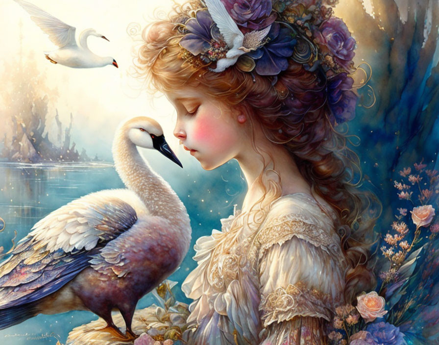 Whimsical portrait of a girl with elaborate hair accessories near a swan in floral setting