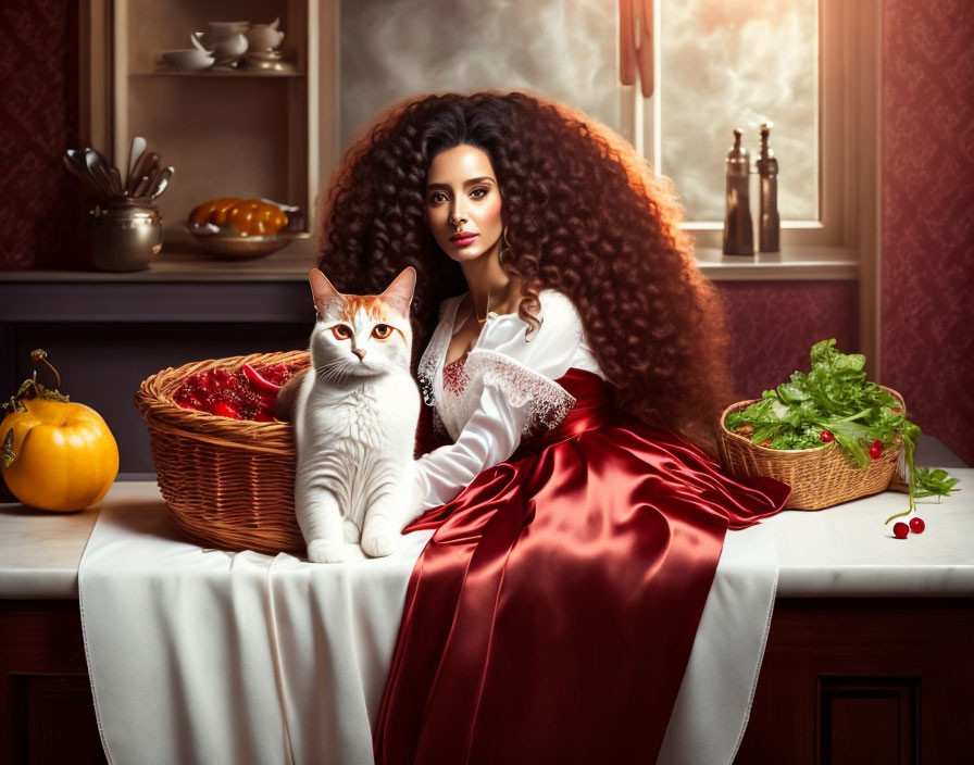 Curly-haired woman in satin dress with cat by table of red fruits and vegetables