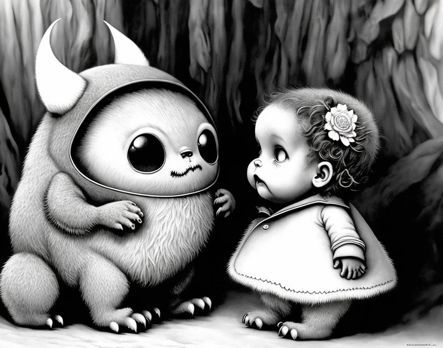 Monochrome illustration of fluffy creature and baby girl with headpieces