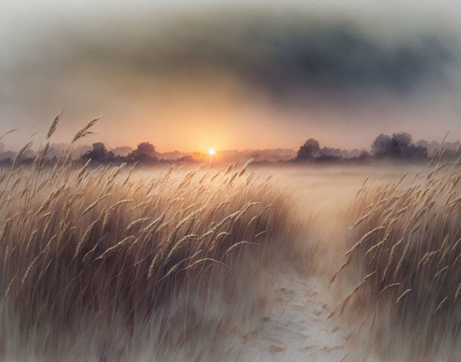 Tranquil sunrise scene with golden grasses and hazy sky