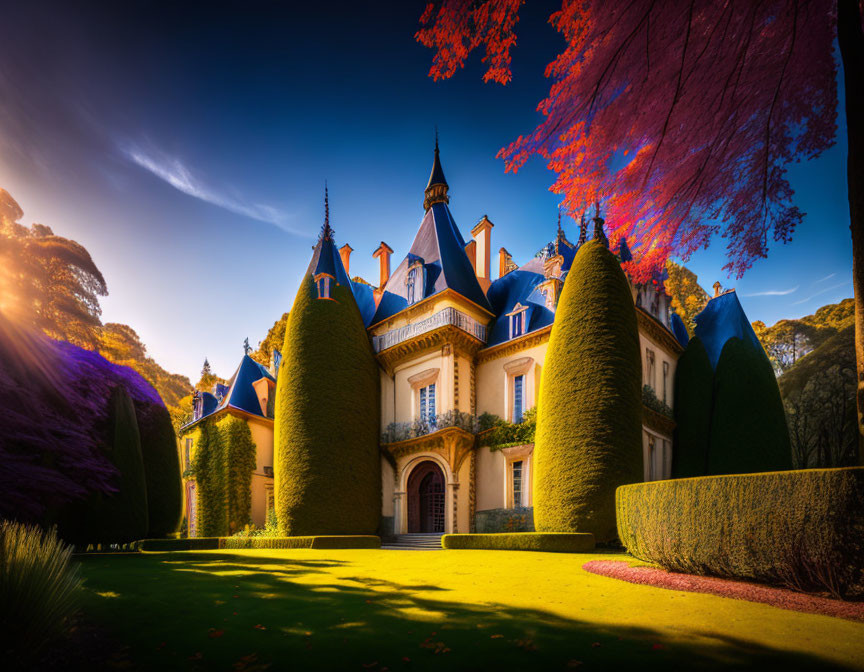 Majestic chateau with blue spires and autumn trees in clear sky