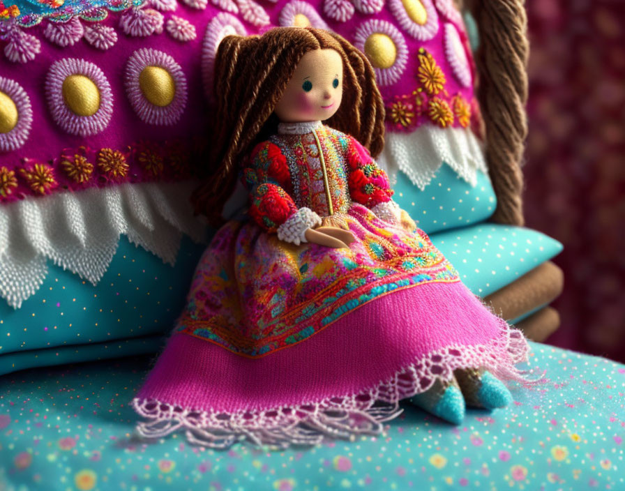 Brown-haired doll in colorful outfit on patterned cushions with detailed textures
