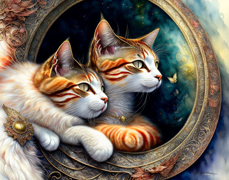 Ornately Painted Cats with Jewelry on Celestial Backdrop