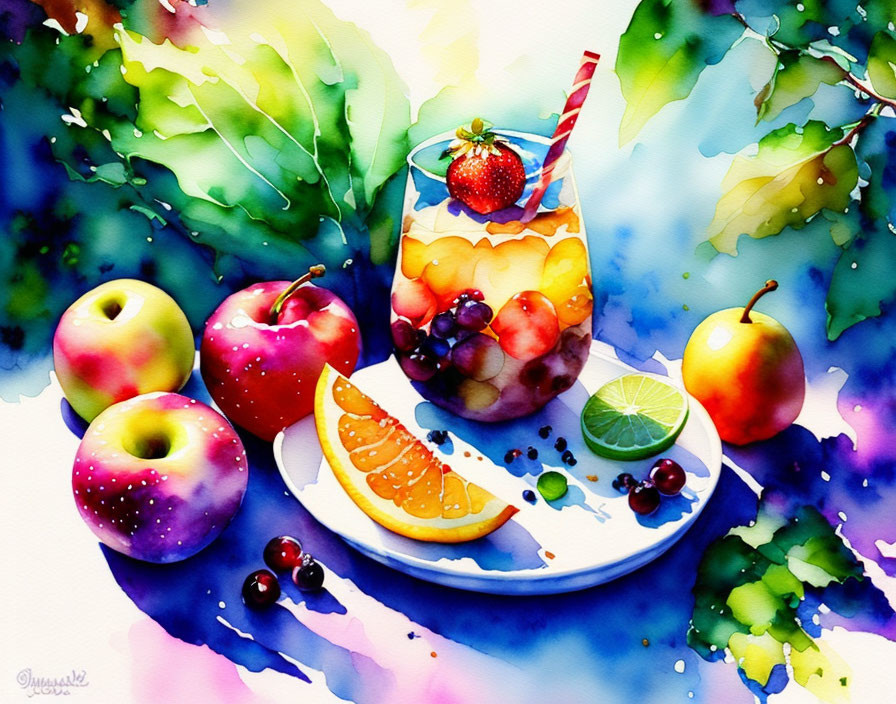 Colorful watercolor painting of fruit-filled glass with citrus, berries, and apples on leafy backdrop