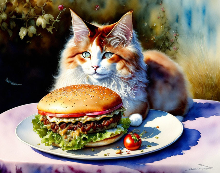 Vibrant illustration: orange and white cat with hamburger and tomato