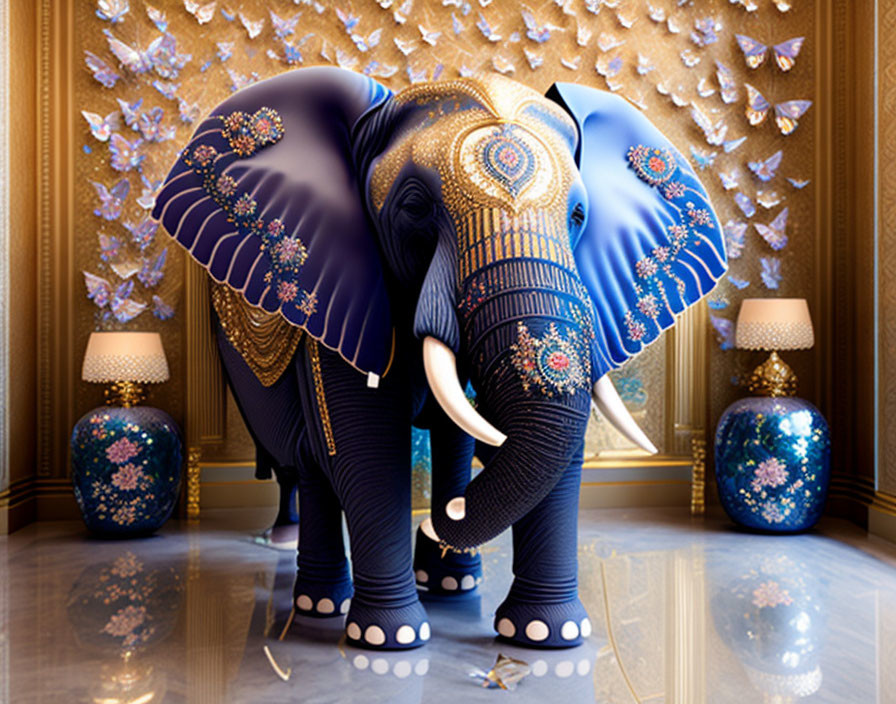Blue and Gold Decorated Elephant in Luxurious Room with Butterfly Motifs