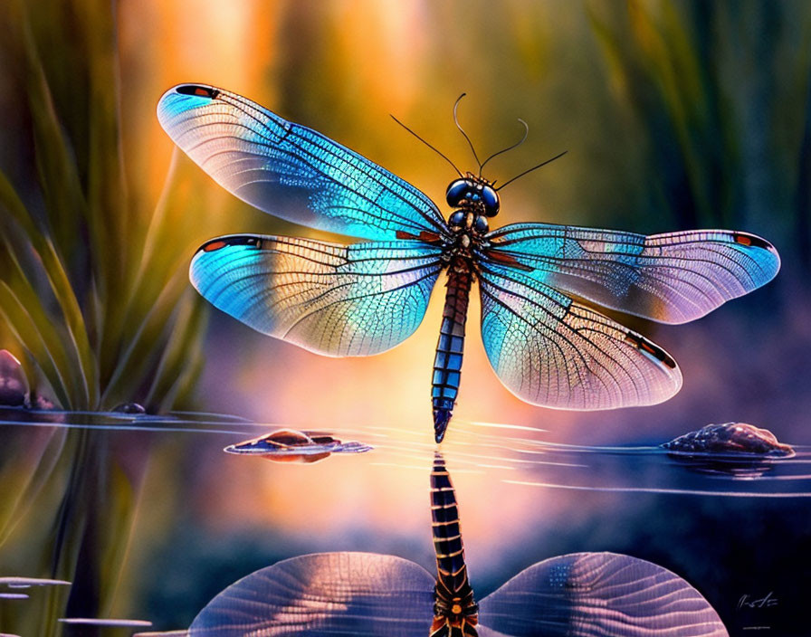 Translucent blue-winged dragonfly perched near water with warm bokeh background