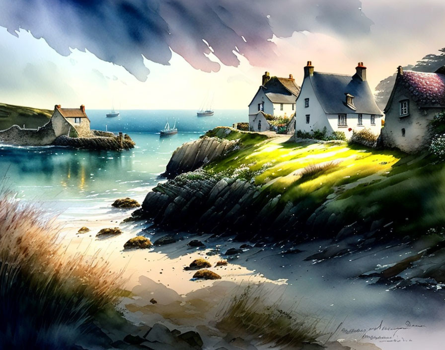 Tranquil coastal landscape with cottages by calm sea