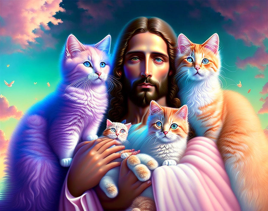 Man with long hair and beard holding kittens surrounded by cats in colorful sky