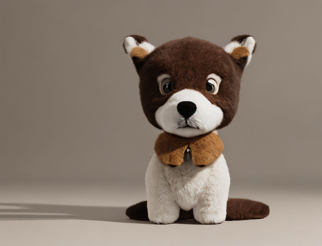 Brown and White Plush Toy Dog with Bell Collar on Neutral Background
