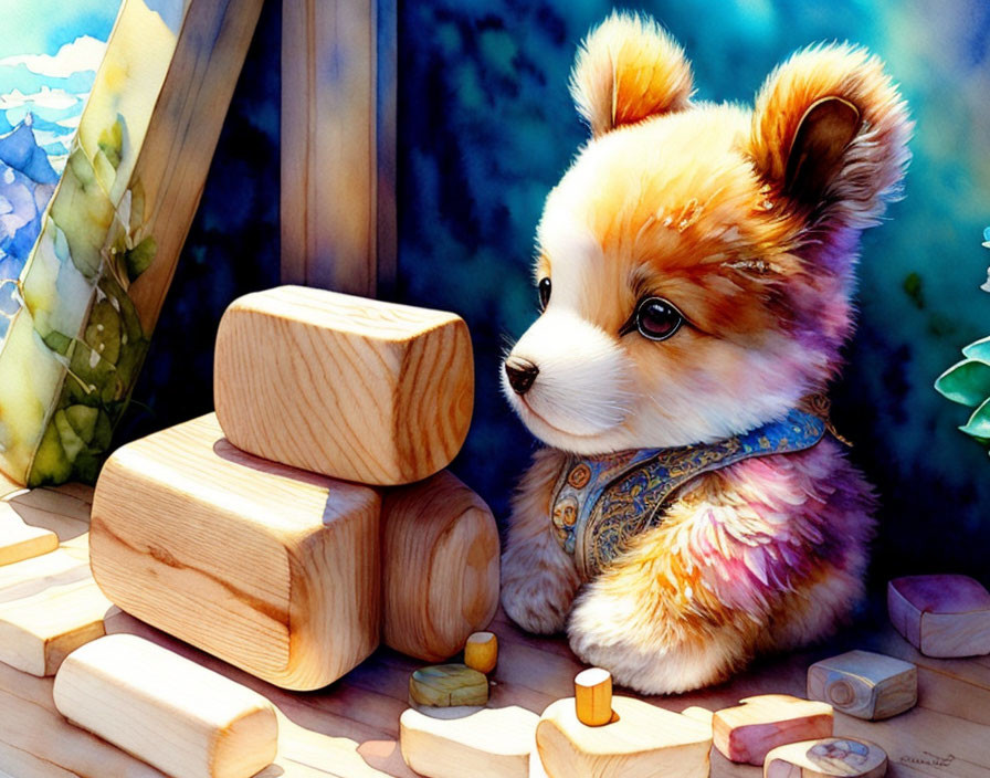 Fluffy Puppy with Bandana Beside Wooden Toy Blocks