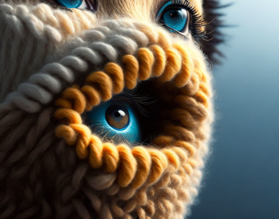 Detailed Close-Up: Blue-Eyed Person Peering Through Knitted Brown Scarf