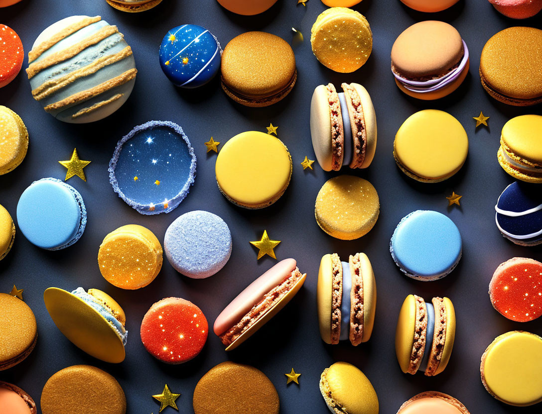 Vibrant space-themed macarons with star confetti on dark backdrop