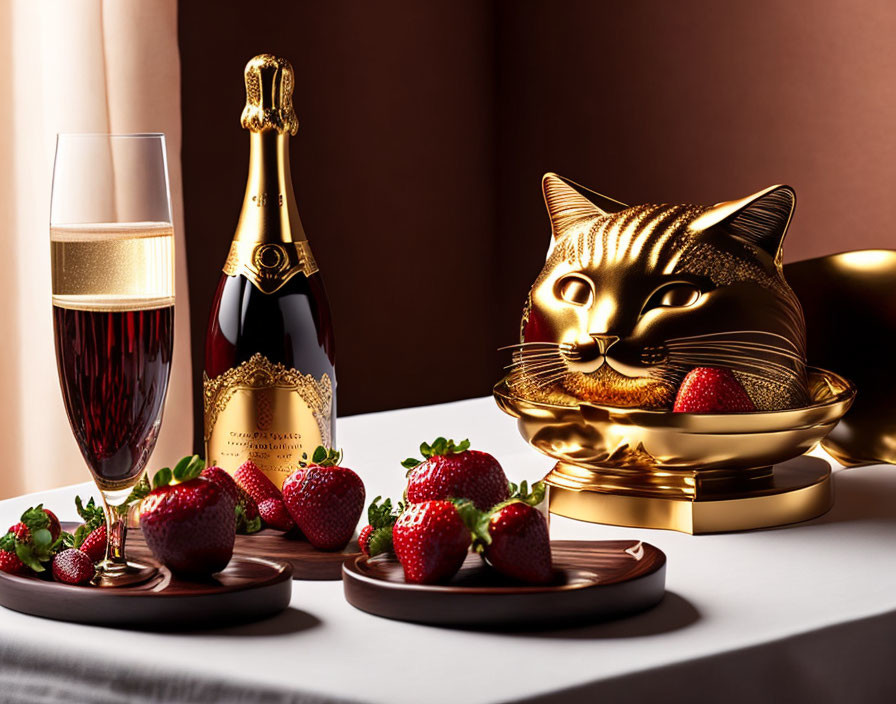 Luxurious Golden Cat Figurine, Champagne, Strawberries on Wooden Plates