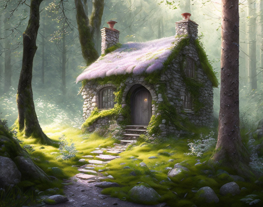 Stone Cottage with Moss-Covered Roof in Sunlit Forest Clearing