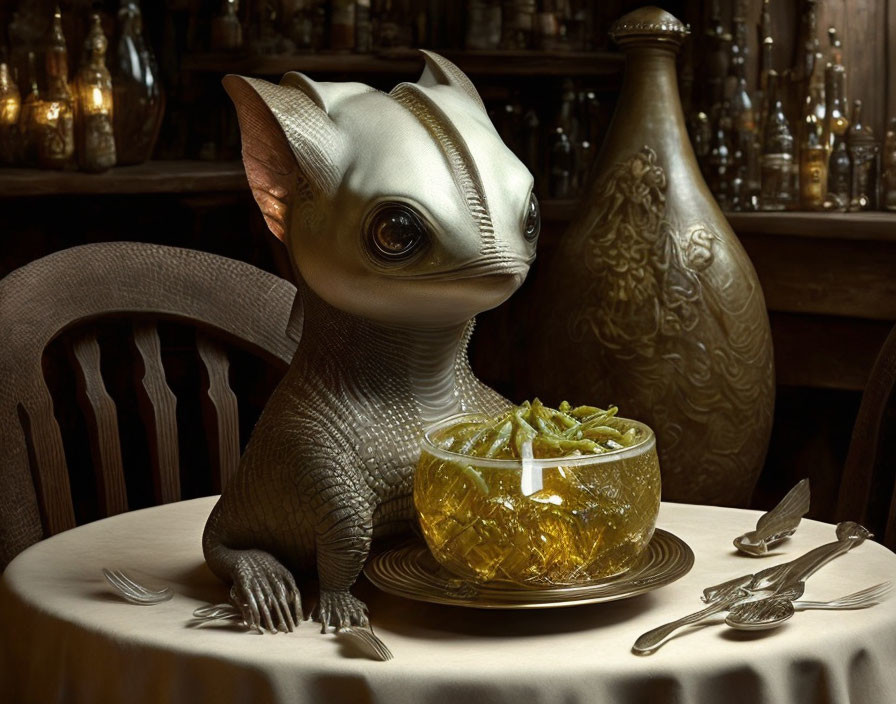 Fantastical creature with lizard-squirrel features dining at table.