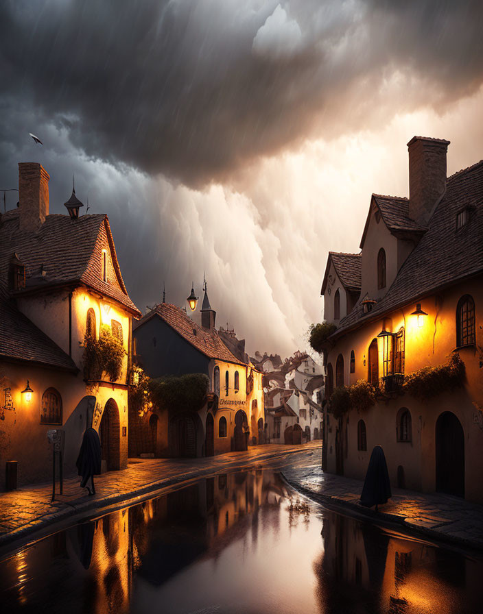 Traditional houses on cobbled street in stormy evening scene