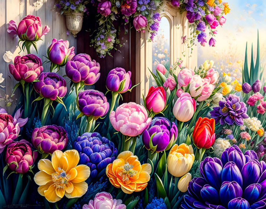 Colorful Tulips and Flowers Against Rustic Window Display
