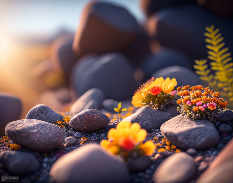 Yellow flowers and pebbles in golden sunset light