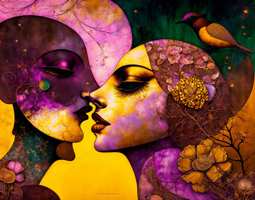 Stylized profile faces with purple and yellow hues, floral motifs, and bird.