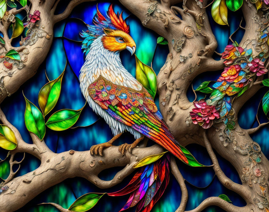Colorful illustration of fantastical bird on twisted tree with intricate feathers.