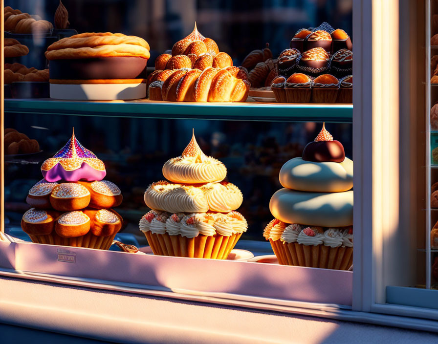 Bakery window display with pastries, cupcakes, and glazed doughnuts