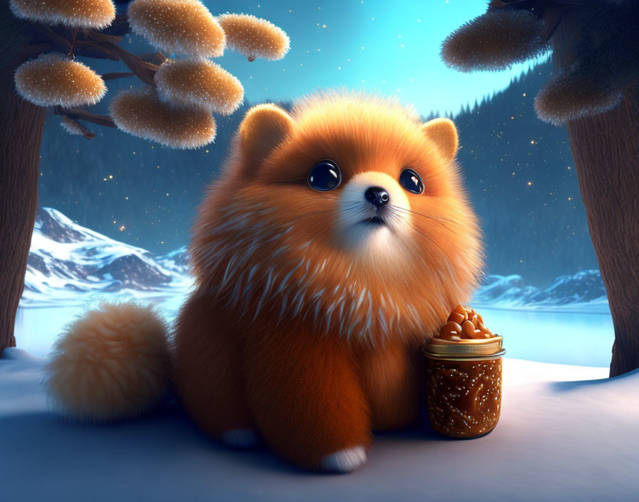 Fluffy Orange Pomeranian Dog Cartoon with Cookies in Snowy Twilight
