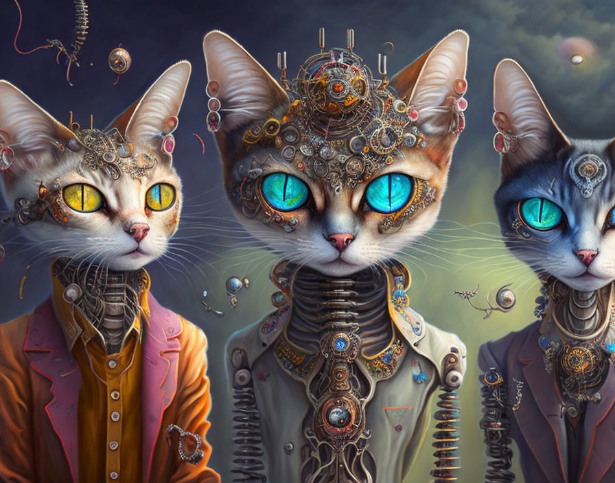 Steampunk robotic cats with glowing eyes on moody background