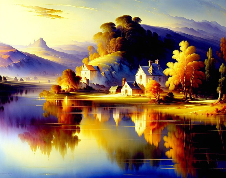 Scenic lake reflects colorful countryside cottages and trees.