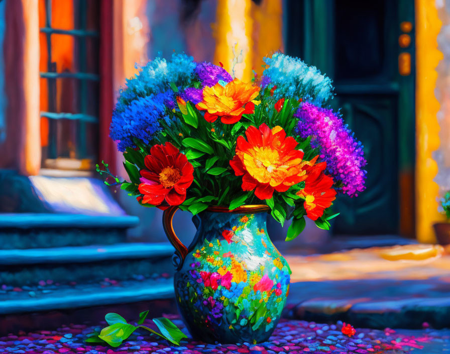 Colorful Flower Bouquet in Painted Vase Against Blurred House Facade